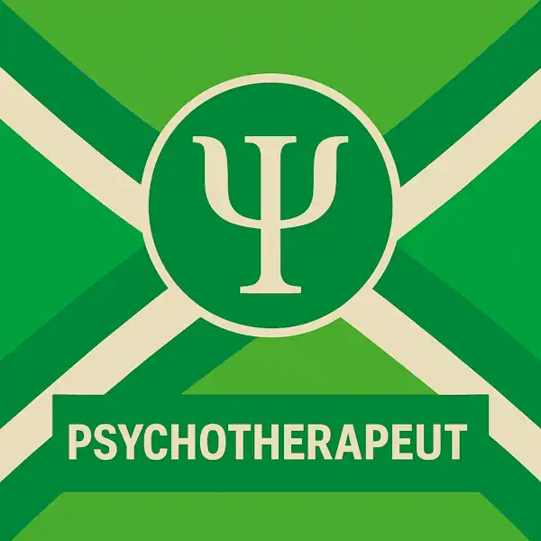 Vierkant logo (600x600) voor de categorie "Psychotherapeut" op AchterhoekInformatie.nl, met een wit psi-symbool in een donkergroene cirkel op de correcte Achterhoekse vlag. De tekstbalk is donkergroen met witte hoofdletters "PSYCHOTHERAPEUT", en alle crèmekleurige elementen zijn wit gemaakt.
