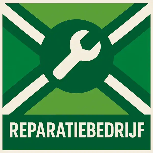 Logo van een reparatiebedrijf met de Achterhoekse vlag als achtergrond (groene tinten met witte diagonale kruisbalken), centraal een donkergroene cirkel met een wit pictogram van een steeksleutel, onderaan een donkergroene balk met het woord “REPARATIEBEDRIJF” in witte hoofdletters.