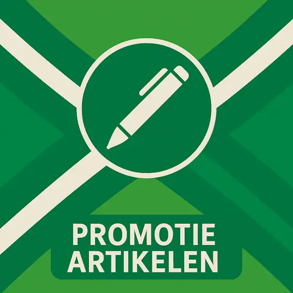 Vierkant logo (600x600) voor de categorie "Promotie Artikelen" op AchterhoekInformatie.nl, met een wit pictogram van een pen in een groene cirkel op de Achterhoekse vlag. De tekstbalk is donkergroen met witte hoofdletters "PROMOTIE ARTIKELEN", en de crèmekleurige elementen zijn wit gemaakt.