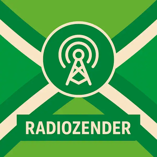 Vierkant logo (600x600) voor de categorie "Radiozender" op AchterhoekInformatie.nl, met een wit pictogram van een zendmast in een donkergroene cirkel op de correcte Achterhoekse vlag. De tekstbalk is donkergroen met witte hoofdletters "RADIOZENDER", en alle crèmekleurige elementen zijn wit gemaakt.