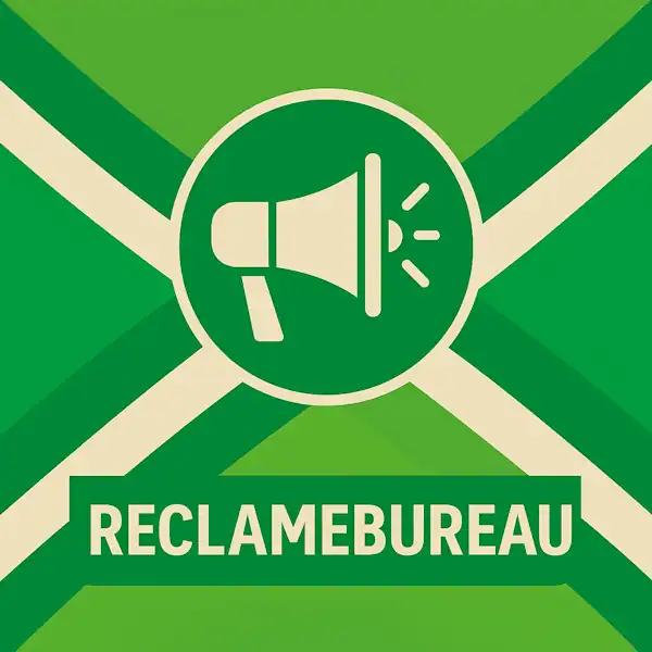 Vierkant logo (600x600) voor de categorie "Reclamebureau" op AchterhoekInformatie.nl, met een wit pictogram van een megafoon in een donkergroene cirkel op de correcte Achterhoekse vlag. De tekstbalk is donkergroen met witte hoofdletters "RECLAMEBUREAU", en alle crèmekleurige elementen zijn wit gemaakt.