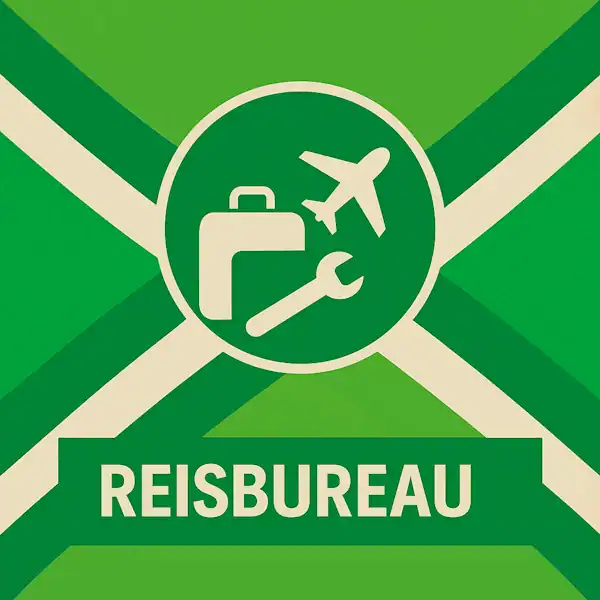 Vierkant logo (600x600) voor de categorie "Reisbureau" op AchterhoekInformatie.nl, met een wit pictogram van een koffer en vliegtuig in een donkergroene cirkel op de correcte Achterhoekse vlag. De tekstbalk is donkergroen met witte hoofdletters "REISBUREAU", en alle crèmekleurige elementen zijn wit gemaakt.