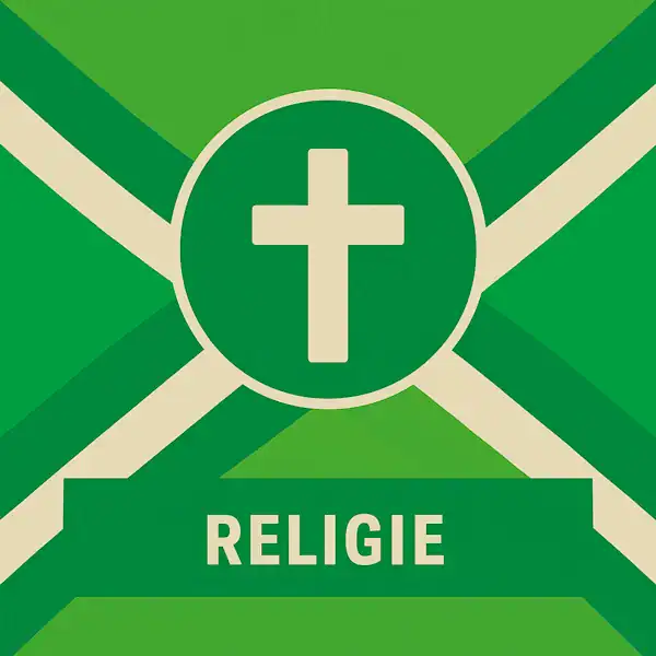 Vierkant logo (600x600) voor de categorie "Religie" op AchterhoekInformatie.nl, met een wit christelijk kruis in een donkergroene cirkel op de correcte Achterhoekse vlag. De tekstbalk is donkergroen met witte hoofdletters "RELIGIE", en alle crèmekleurige elementen zijn wit gemaakt.