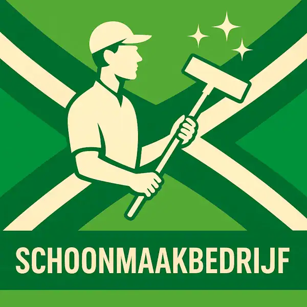 Logo van een schoonmaakbedrijf in silhouet op de Achterhoekse vlag, met de tekst “SCHOONMAAKBEDRIJF” onderin in een donkergroene balk.