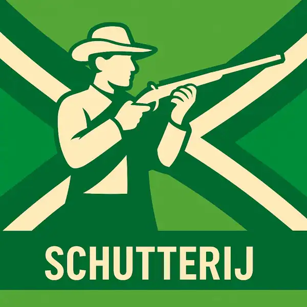 Logo van een schutter in silhouet op de Achterhoekse vlag, met de tekst “SCHUTTERIJ” onderin in een donkergroene balk.