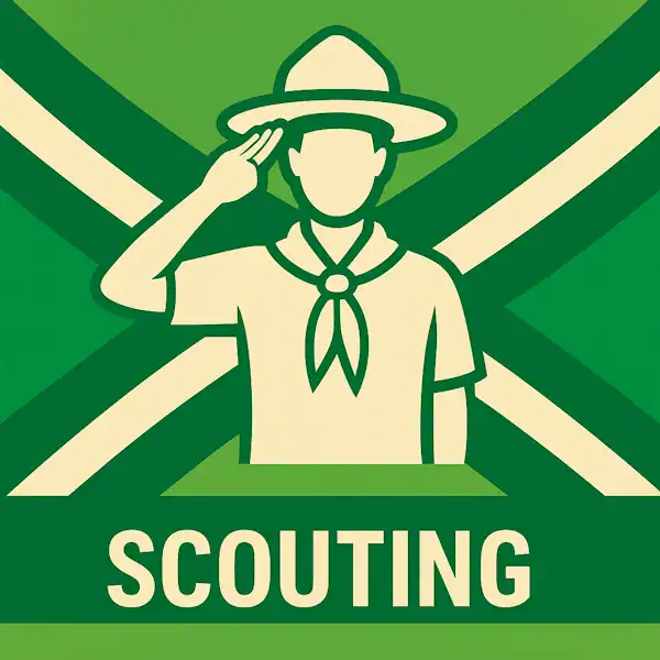 Logo van een scout in silhouet met hoed en groet op de Achterhoekse vlag, met de tekst “SCOUTING” onderin in een donkergroene balk.