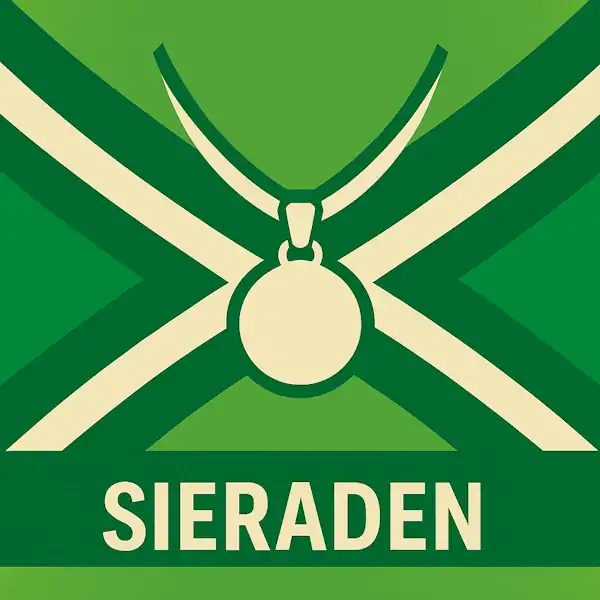 Logo van een hanger aan een ketting in silhouet op de Achterhoekse vlag, met de tekst “SIERADEN” onderin in een donkergroene balk.