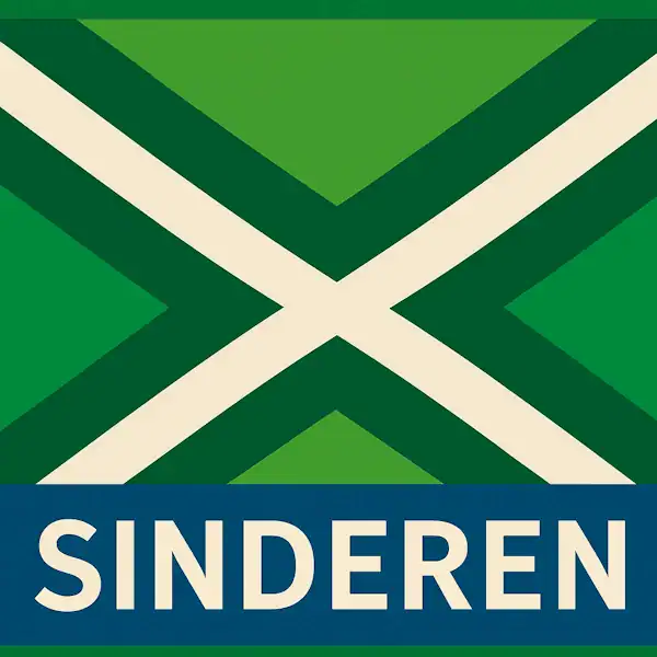 Plaatsnaambord met de tekst "SINDEREN" in witte hoofdletters op een blauwe balk. Daarboven een vlag met lichtgroene achtergrond, een helder wit St. Andrieskruis gecentreerd in een donkergroen kruispatroon — volgens het officiële ontwerp van de Achterhoekvlag.