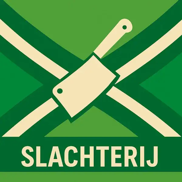 Logo van een slagersbijl in silhouet op de Achterhoekse vlag, met de tekst “SLACHTERIJ” onderin in een donkergroene balk.