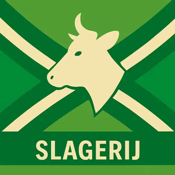 Logo van een koeienkop in silhouet op de Achterhoekse vlag, met de correcte tekst “SLAGERIJ” onderin in een donkergroene balk.
