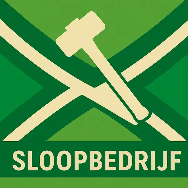 Logo van een sloophamer in silhouet op de Achterhoekse vlag, met de tekst “SLOOPBEDRIJF” onderin in een donkergroene balk.