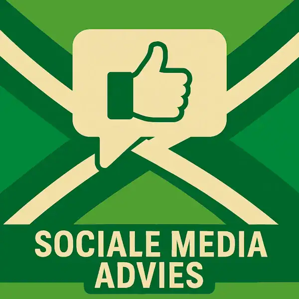 Logo van een duim omhoog in een spreekwolk op de Achterhoekse vlag, met de tekst “SOCIALE MEDIA ADVIES” onderin in een donkergroene balk.