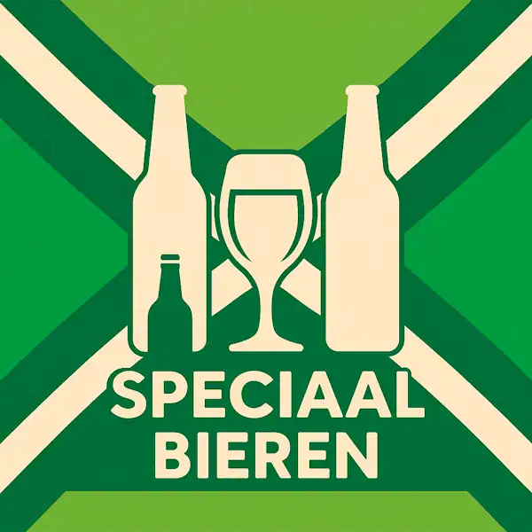 Logo van drie bierflessen en een speciaalbierglas in silhouet op de Achterhoekse vlag, met de tekst “SPECIAAL BIEREN” onderin in een donkergroene balk.