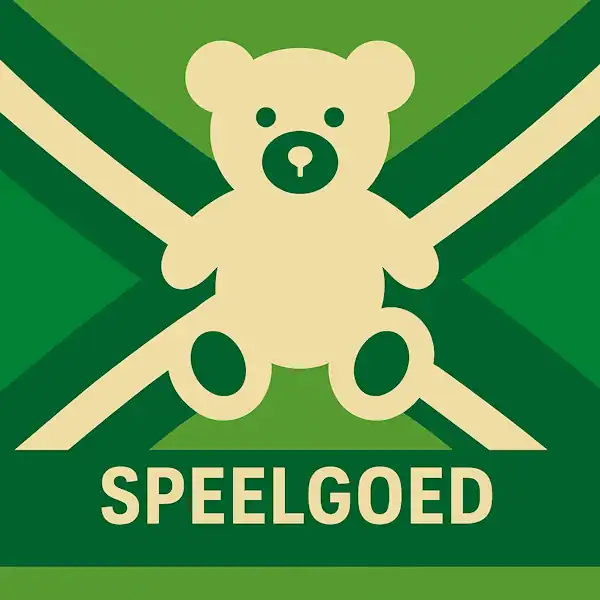 Logo van een teddybeer in silhouet op de Achterhoekse vlag, met de tekst “SPEELGOED” onderin in een donkergroene balk.