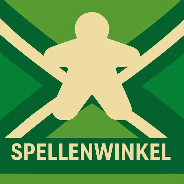 Logo van een meeple-speelfiguur in silhouet op de Achterhoekse vlag, met de tekst “SPELLENWINKEL” onderin in een donkergroene balk.