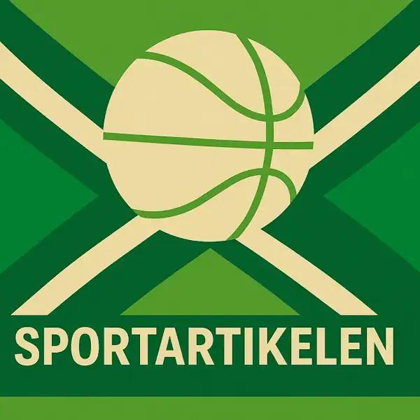 Logo van een basketbal in silhouet op de Achterhoekse vlag, met de tekst “SPORTARTIKELEN” onderin in een donkergroene balk.