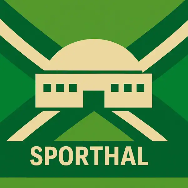 Logo van een sporthal in silhouet op de Achterhoekse vlag, met de tekst “SPORTHAL” onderin in een donkergroene balk.