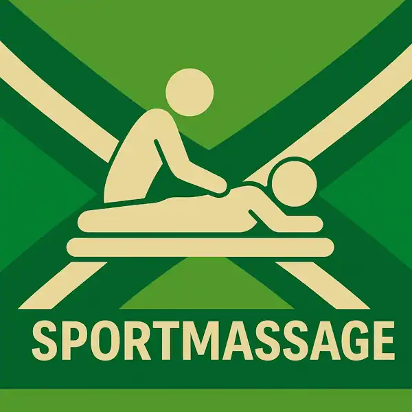 Logo van een sportmassage in silhouet op de Achterhoekse vlag, met de tekst “SPORTMASSAGE” onderin in een donkergroene balk.