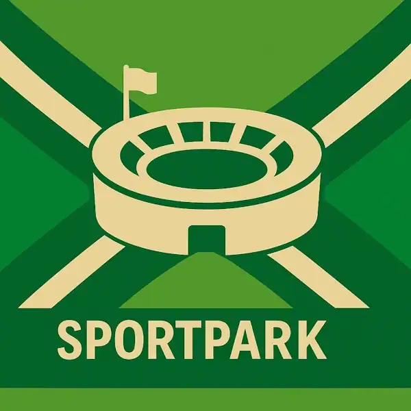 Logo van een stadion in silhouet op de Achterhoekse vlag, met de tekst “SPORTPARK” onderin in een donkergroene balk.
