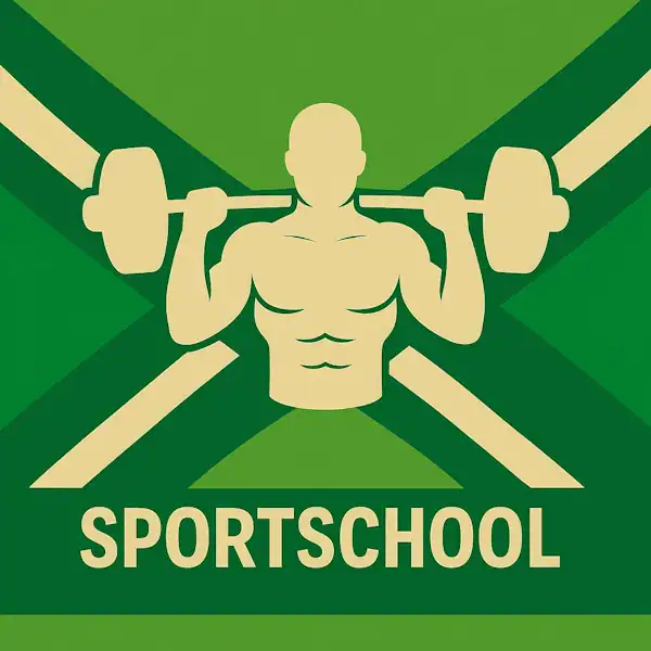 Logo van een gespierd silhouet met halter op de Achterhoekse vlag, met de tekst “SPORTSCHOOL” onderin in een donkergroene balk.