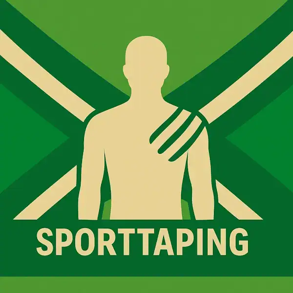 Logo van een silhouet met kinesiotape op de schouder op de Achterhoekse vlag, met de tekst “SPORTTAPING” onderin in een donkergroene balk.