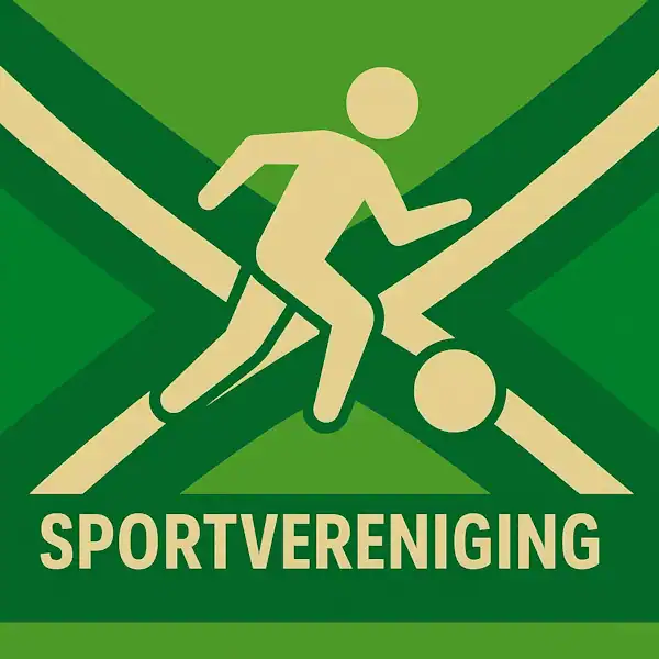 Logo van een sporter in actie met bal in silhouet op de Achterhoekse vlag, met de tekst “SPORTVERENIGING” onderin in een donkergroene balk.