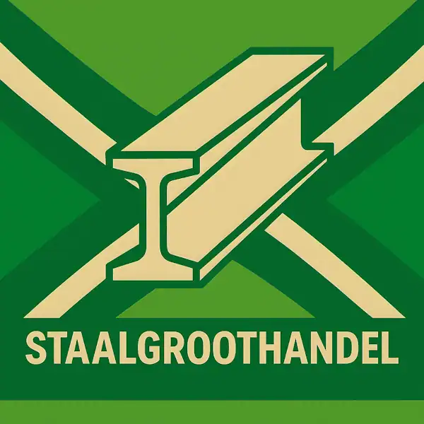 Logo van een I-balk in silhouet op de Achterhoekse vlag, met de tekst “STAALGROOTHANDEL” onderin in een donkergroene balk.