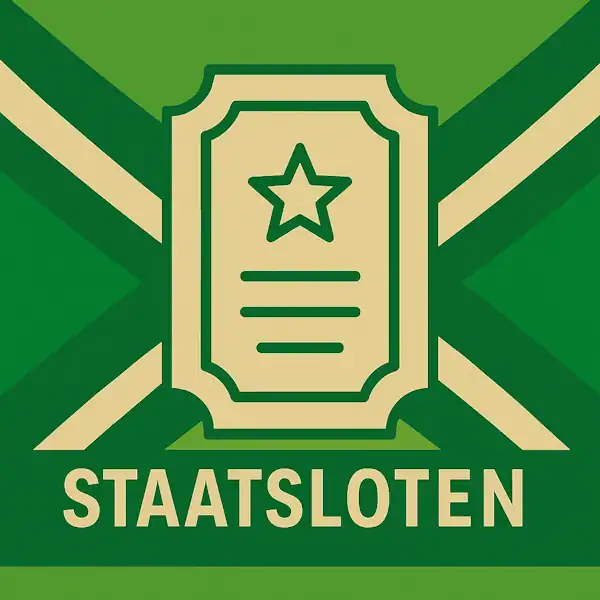 Logo van een loterijticket met ster in silhouet op de Achterhoekse vlag, met de tekst “STAATSLOTEN” onderin in een donkergroene balk.
