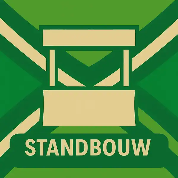Logo van een marktkraam of beursstand in silhouet op de Achterhoekse vlag, met de tekst “STANDBOUW” onderin in een donkergroene balk.