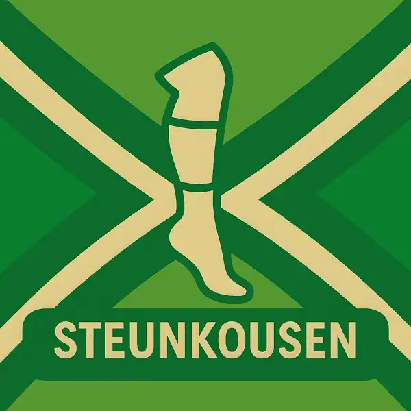 Logo van een been met steunkous in silhouet op de Achterhoekse vlag, met de tekst “STEUNKOUSEN” onderin in een donkergroene balk.