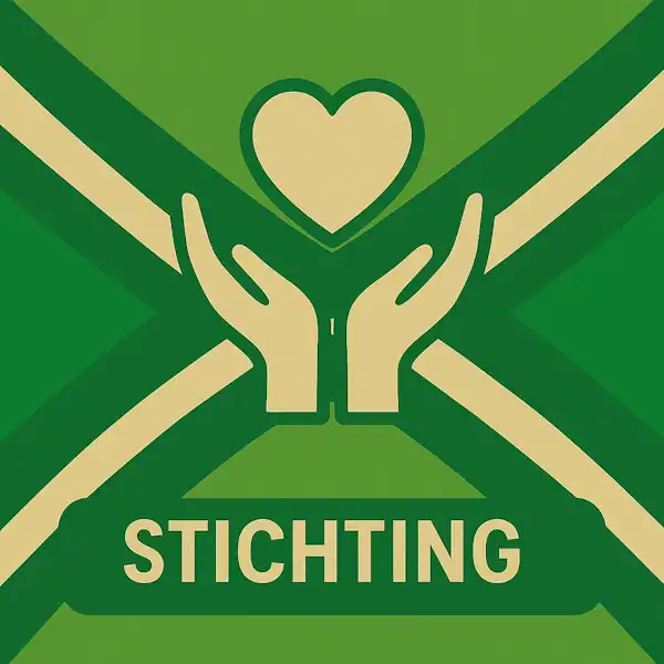 Logo van twee handen met een hart in silhouet op de Achterhoekse vlag, met de tekst “STICHTING” onderin in een donkergroene balk.