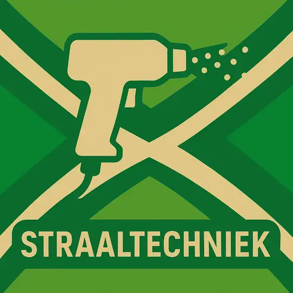 Logo van een straalpistool in silhouet op de Achterhoekse vlag, met de tekst “STRAALTECHNIEK” onderin in een donkergroene balk.