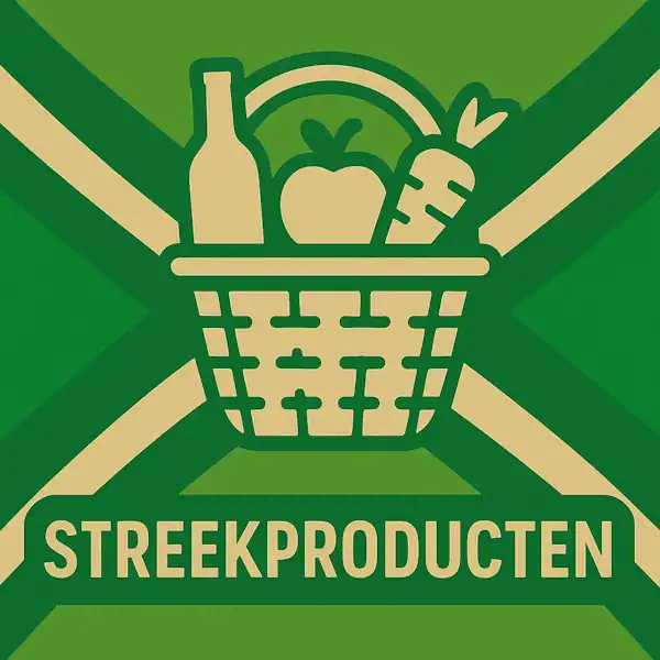 Logo van een mand met streekproducten in silhouet op de Achterhoekse vlag, met de tekst “STREEKPRODUCTEN” onderin in een donkergroene balk.