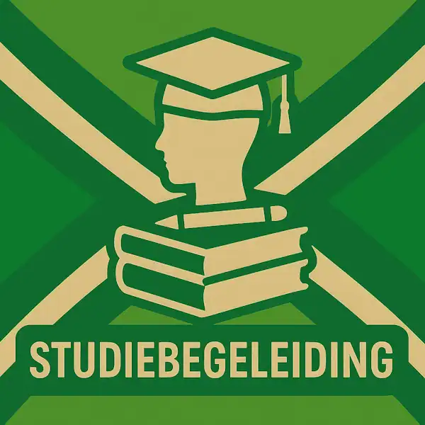Logo van een student met boeken en potlood in silhouet op de Achterhoekse vlag, met de tekst “STUDIEBEGELEIDING” onderin in een donkergroene balk.