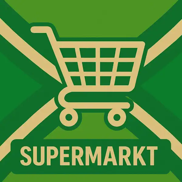 Logo van een boodschappenkar in silhouet op de Achterhoekse vlag, met de tekst “SUPERMARKT” onderin in een donkergroene balk.