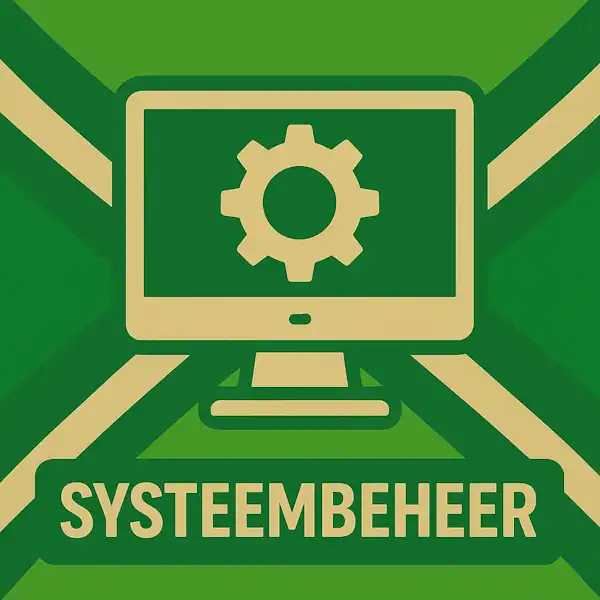 Logo van een computerscherm met tandwiel in silhouet op de Achterhoekse vlag, met de tekst “SYSTEEMBEHEER” onderin in een donkergroene balk.