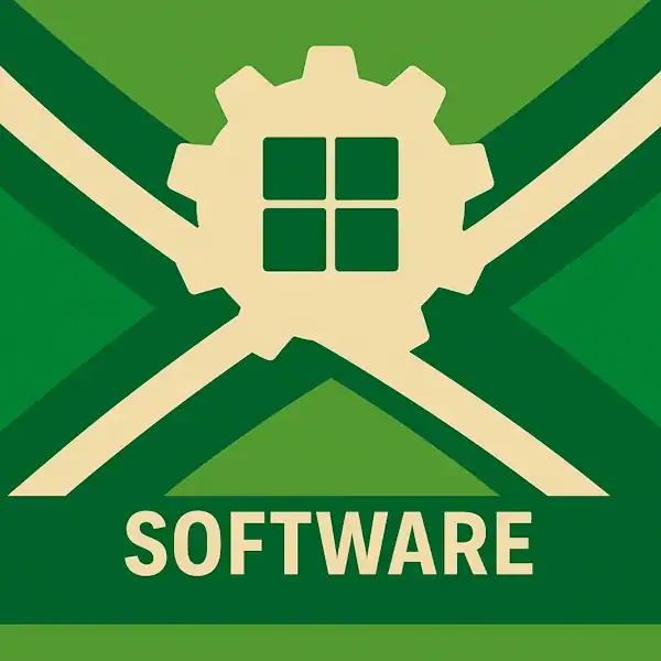 Logo van een tandwiel met software-icoon in silhouet op de Achterhoekse vlag, met de tekst “SOFTWARE” onderin in een donkergroene balk.