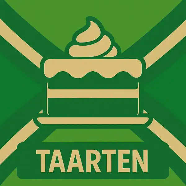 Logo van een taart met slagroom in silhouet op de Achterhoekse vlag, met de tekst “TAARTEN” onderin in een donkergroene balk.