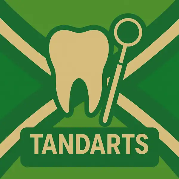 Logo van een kies en tandartsspiegeltje in silhouet op de Achterhoekse vlag, met de tekst “TANDARTS” onderin in een donkergroene balk.