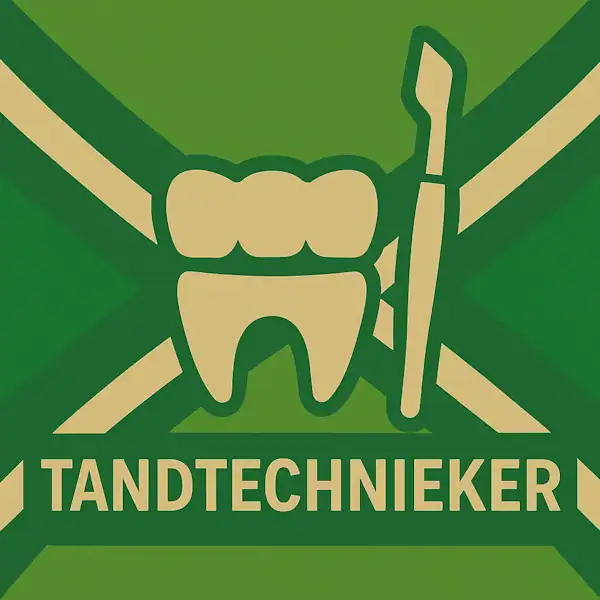 Logo van een gebitselement en tandtechnisch gereedschap in silhouet op de Achterhoekse vlag, met de tekst “TANDTECHNIEKER” onderin in een donkergroene balk.