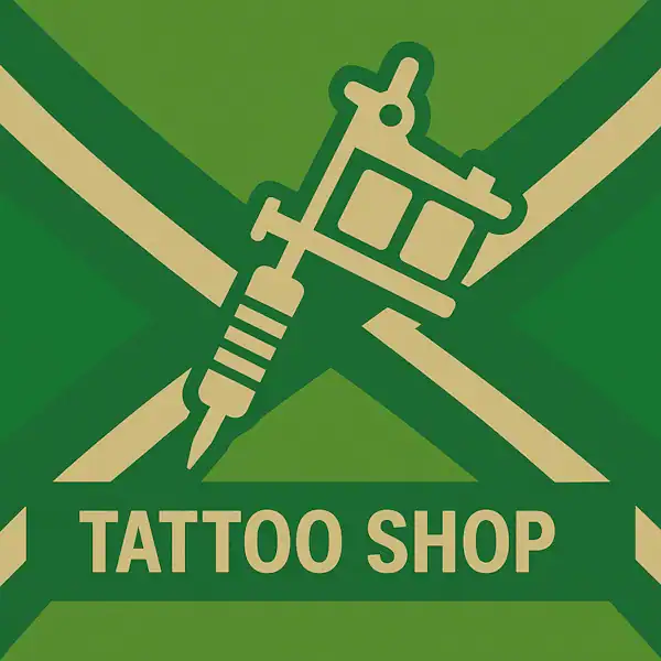 Logo van een tatoeëermachine in silhouet op de Achterhoekse vlag, met de tekst “TATTOO SHOP” onderin in een donkergroene balk.