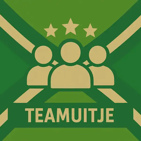Logo van drie personen en sterren in silhouet op de Achterhoekse vlag, met de tekst “TEAMUITJE” onderin in een donkergroene balk.