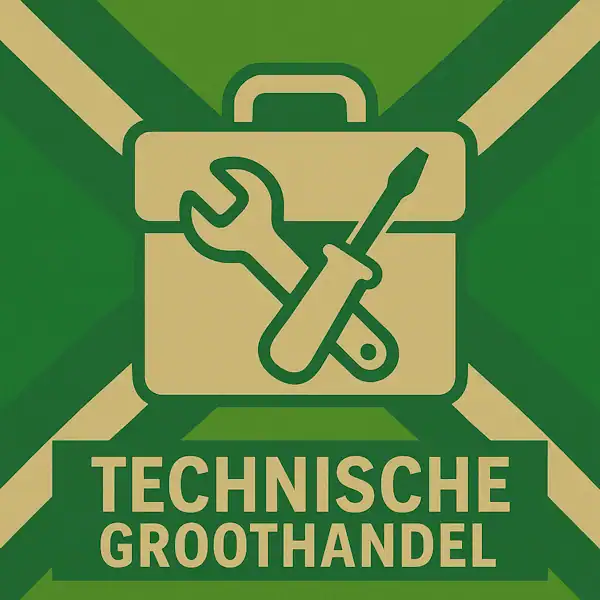 Logo van een gereedschapskoffer met sleutel en schroevendraaier in silhouet op de Achterhoekse vlag, met de tekst “TECHNISCHE GROOTHANDEL” onderin in een donkergroene balk.