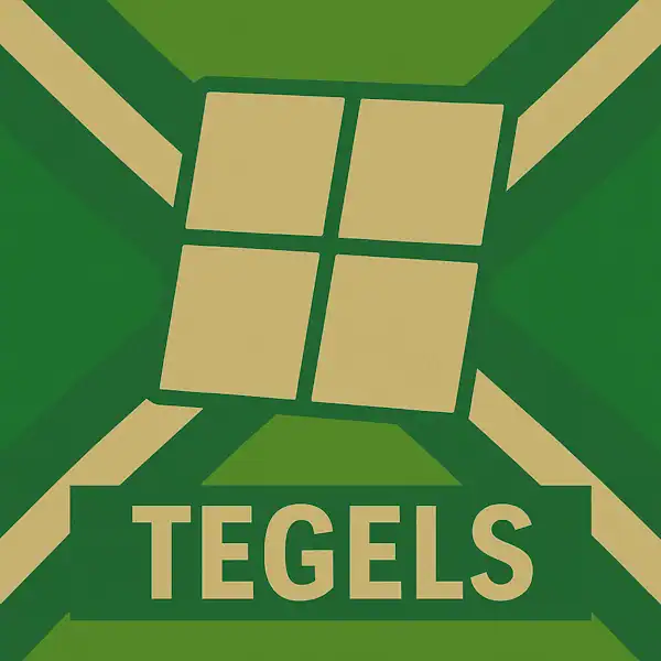 Logo van vier schuine tegelvlakken in silhouet op de Achterhoekse vlag, met de tekst “TEGELS” onderin in een donkergroene balk.