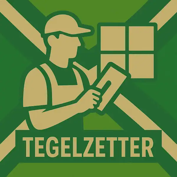 Logo van een tegelzetter met lijmkam in silhouet op de Achterhoekse vlag, met de tekst “TEGELZETTER” onderin in een donkergroene balk