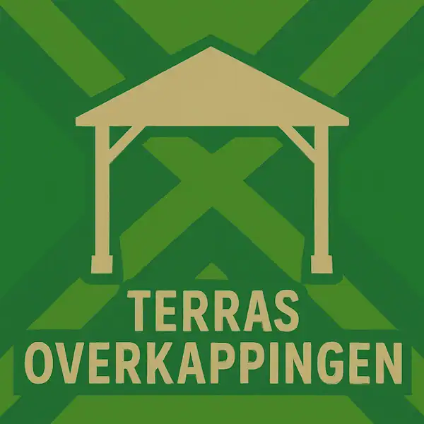 Logo van een terrasoverkapping in silhouet op de Achterhoekse vlag, met de tekst “TERRAS OVERKAPPINGEN” onderin in een donkergroene balk.