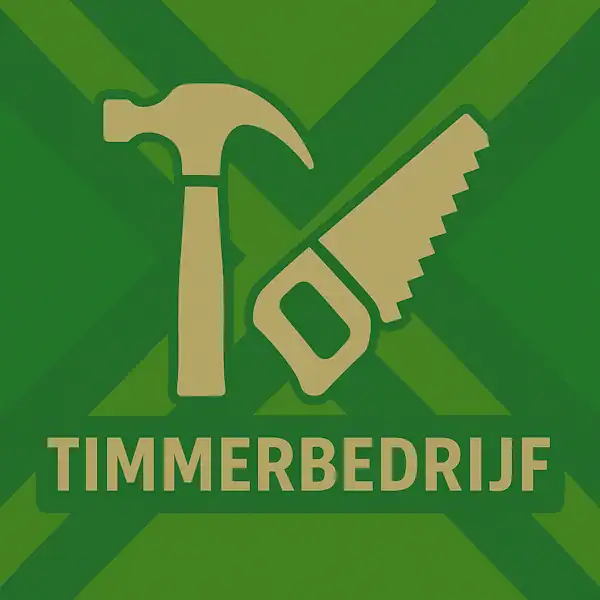 Logo van een hamer en zaag in silhouet op de Achterhoekse vlag, met de tekst “TIMMERBEDRIJF” onderin in een donkergroene balk.