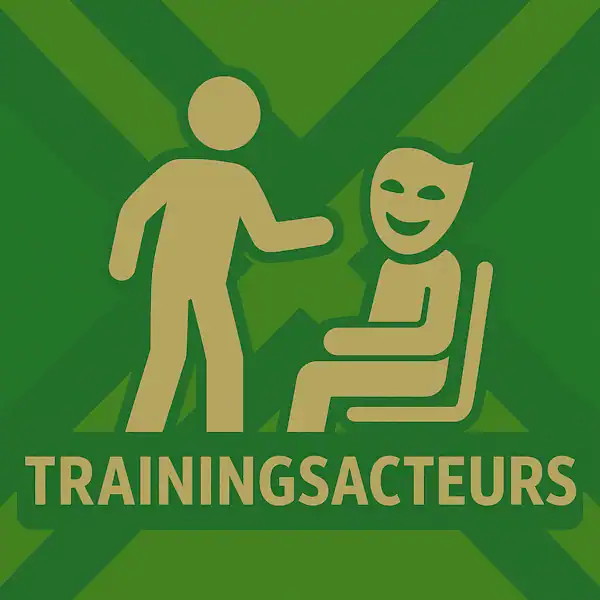 Logo van twee acteurs, één met een masker, in silhouet op de Achterhoekse vlag, met de tekst “TRAININGSACTEURS” onderin in een donkergroene balk.