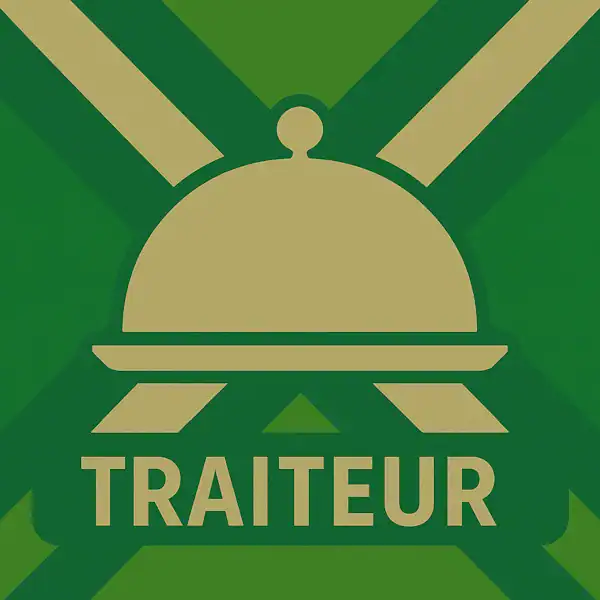 Logo van een serveerschaal met deksel in silhouet op de Achterhoekse vlag, met de tekst “TRAITEUR” onderin in een donkergroene balk.