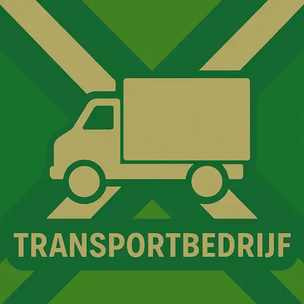 Logo van een vrachtwagen in silhouet op de Achterhoekse vlag, met de tekst “TRANSPORTBEDRIJF” onderin in een donkergroene balk.